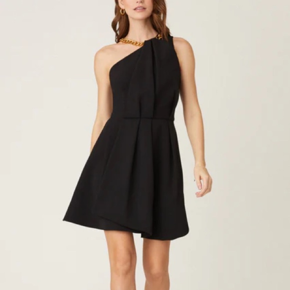 Shoshanna Black One Shoulder Dress with Gold Necklace